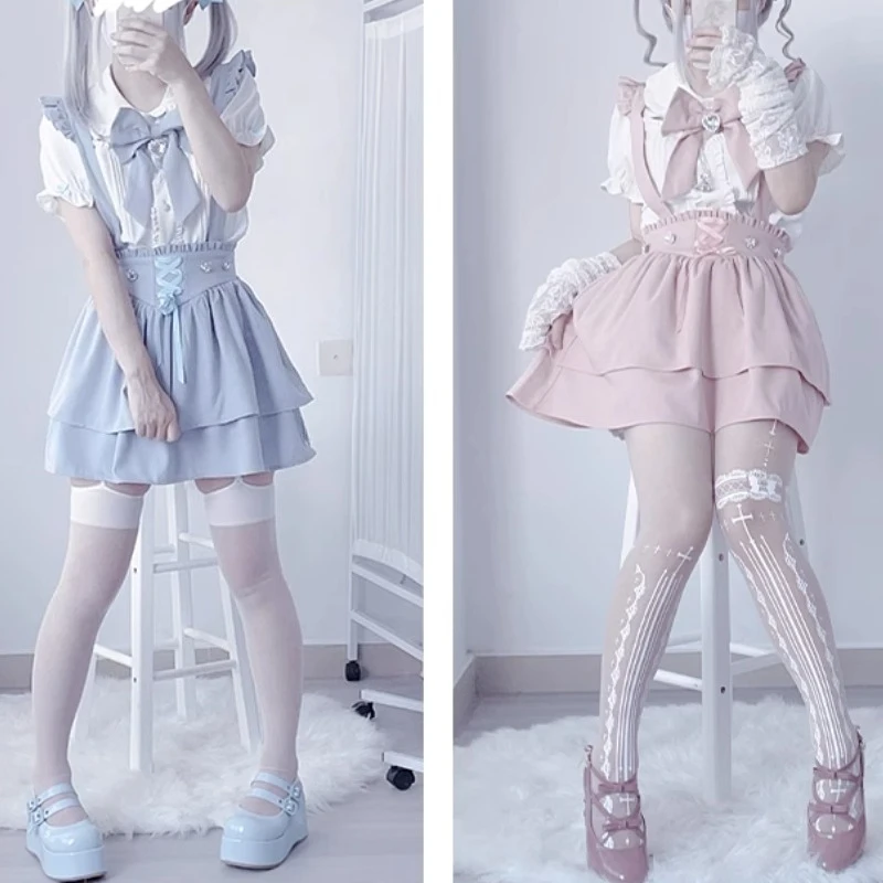 

Sweet Japanese Fashion Popular Peter Pan Collar Buttons Blouse Y2k Aesthetic Pleated Slim Waist Strap Skirt Lolita Women Clothes