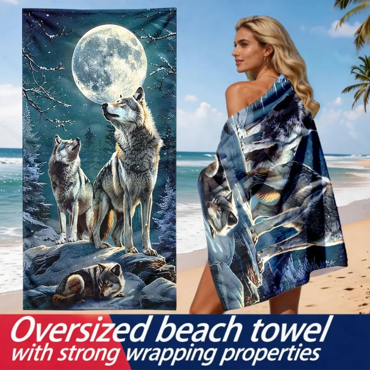 Moonlit Wolf Pack Theme polyester microfiber beach towel is highly absorbent, suitable for swimming and beach outings