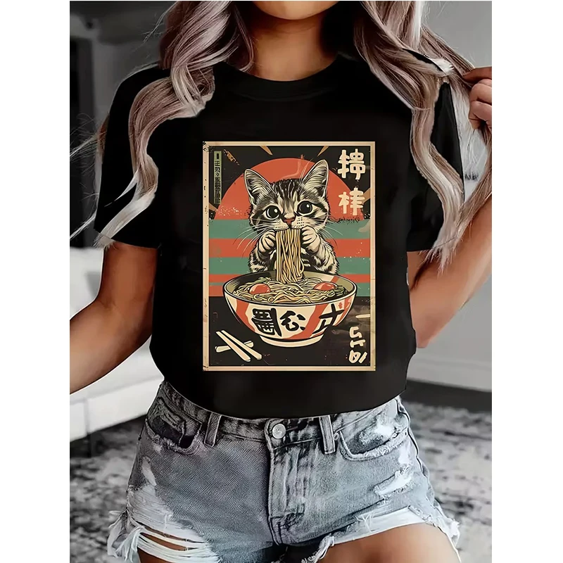 

Vintage Ramen Cat Lovers Graphic Print Tshirt Fashion Casual Short Sleeve Crew Neck T Shirt Women's Gothic Y2k Tees Tops Clothes