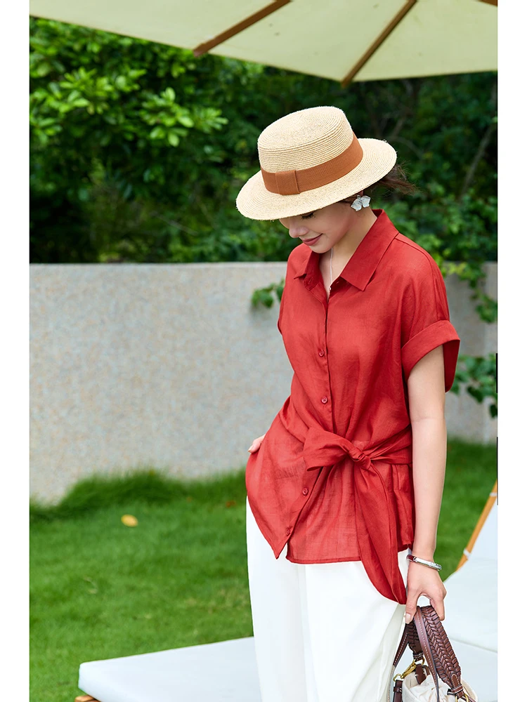 

Ele Loose Breathable 00% Flax ort Sve irt с завязками и откидным воротником Faionable French Sle Women's Slim Fit irt