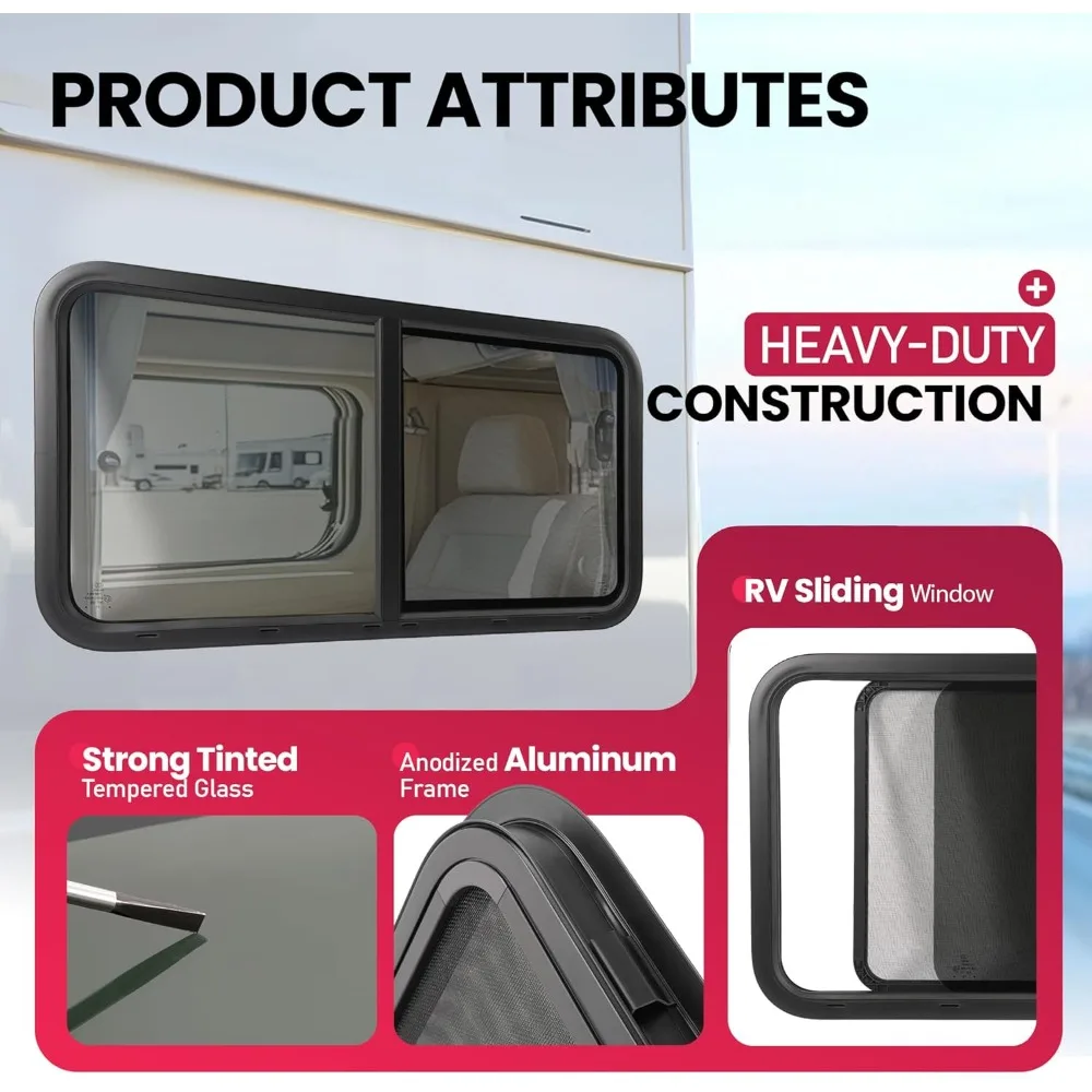 نافذة RV من الزجاج المقوى المنزلق الأفقي مع حواف مطلية بالمسحوق الأسود وشاشة شبكية، مجموعة من 2