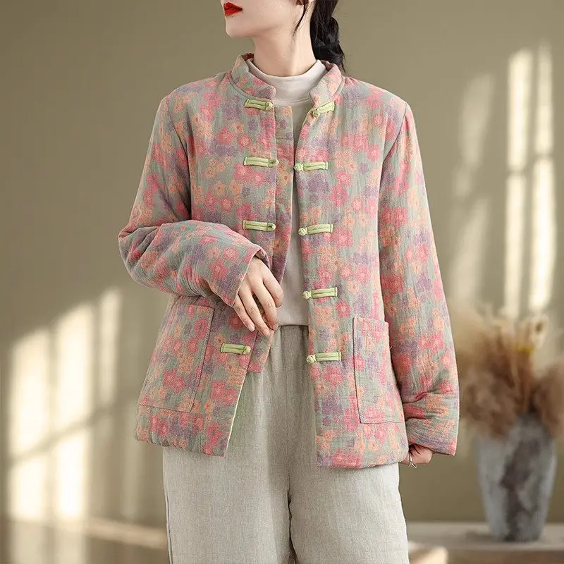 Quilted Jacket 2026 Chinese Style Pan Button Autumn And Winter Clothing Women's Retro Art Stand Collar Floral Cotton Coat K2688