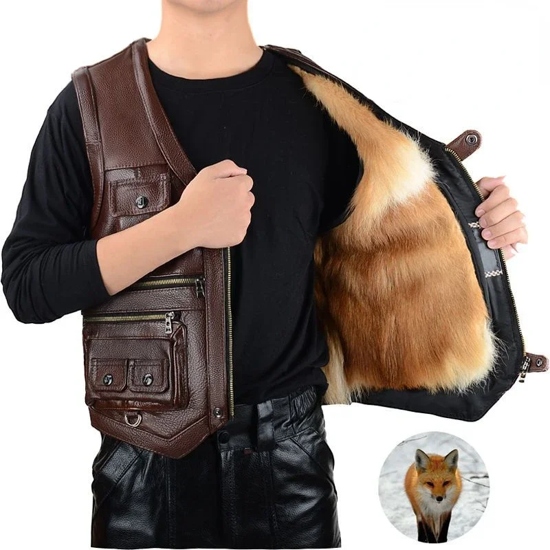 

Mens Genuine Leather Cowhide Vest Middle Aged and Elderly Men's Winter Vest Integrated with Fur and Thick Wool Lining Vest