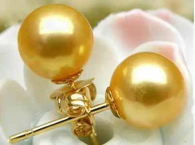 Gorgeous AAA 11-12mm Natural South China Sea Gold Round Pearl Earrings in 14K Gold