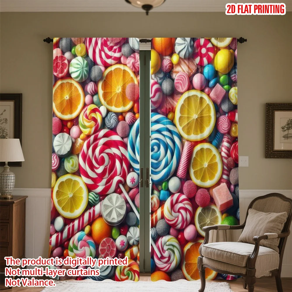 

2D flat printing 2pcs Window Treatment Curtains Colorful Candy and Citrus Digital Printed Polyester Drapes Festive Wall Decor