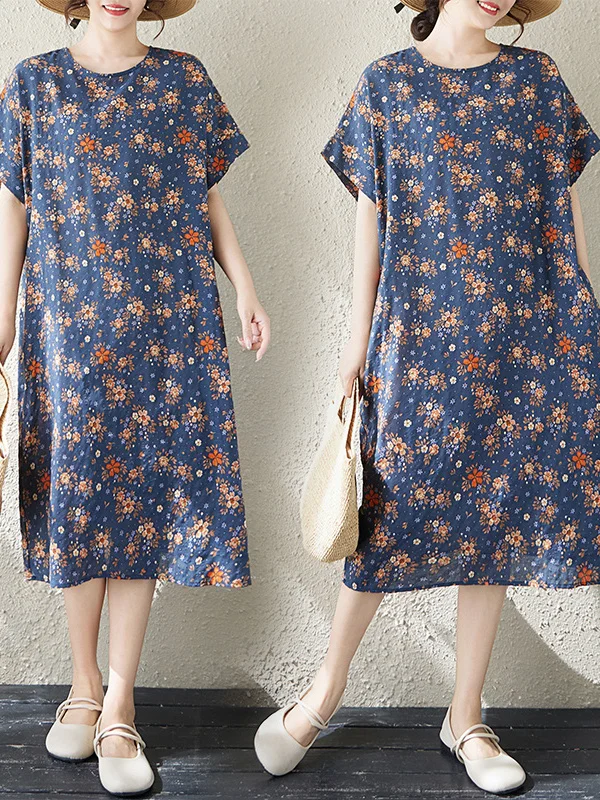 

Summer Cotton Linen Short Sleeve Dress Women's Elegant Knee-Length Midi Dress Artistic Floral Print Loose Fit Citywalk Dress
