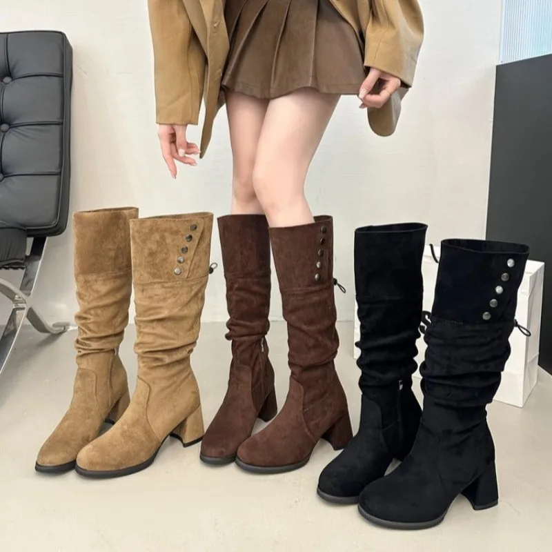 

Velvet-textured Retro Two-way Reversible Folding High-heeled Stack Boots, Long Boots, Thick Sole, Thick Heel