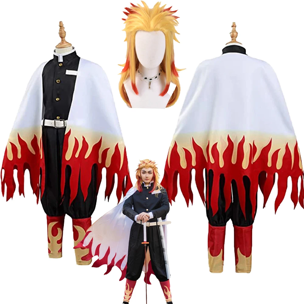 Anime Demon Slayers Rengoku Kyoujurou Cosplay Costume Adult Kids Wig Kimono Uniform Carnival Party Kimetsu No Yaiba Robe Suits