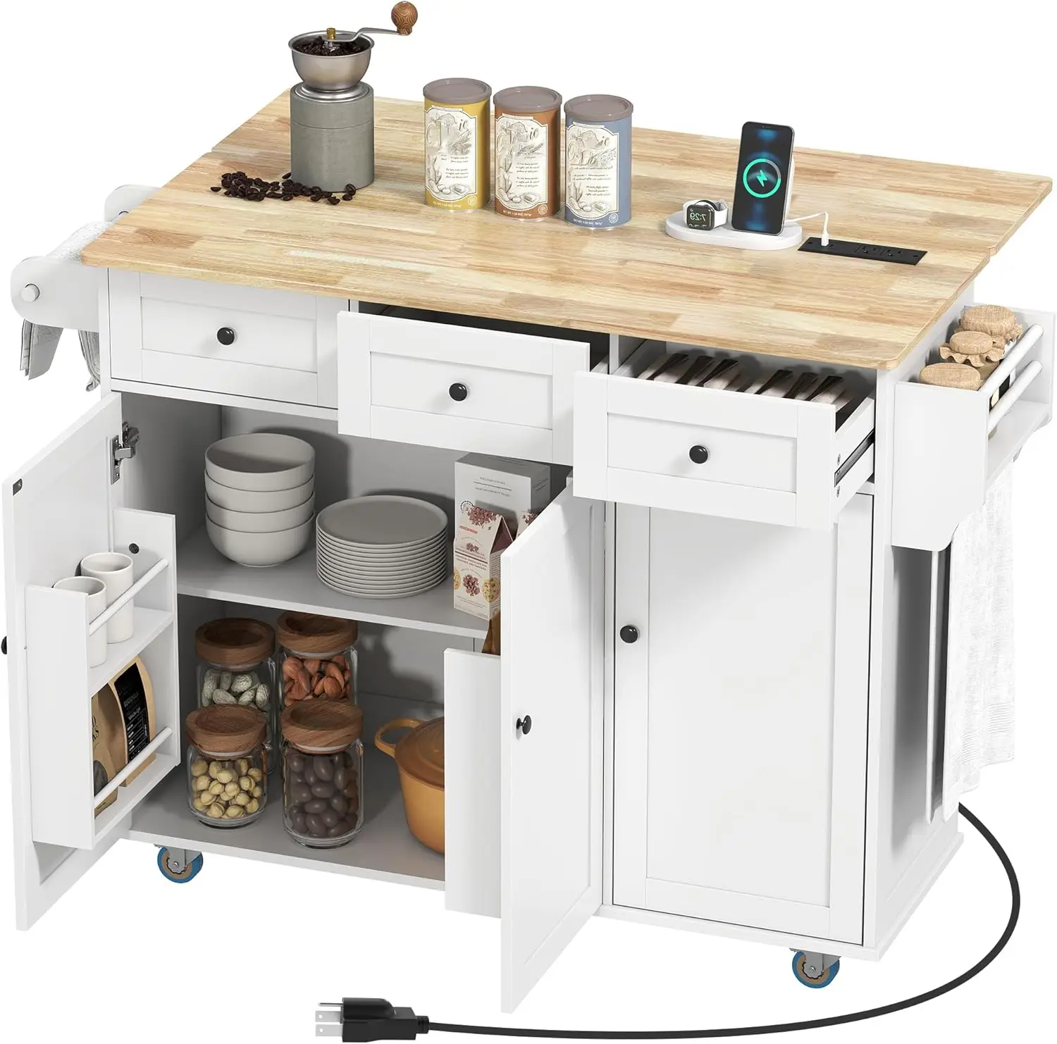 

Rolling Kitchen Island with Power Outlet and Drop Leaf, 53" Island Table with Wood Top, 3 Drawers, Spice & Towel Rack, White