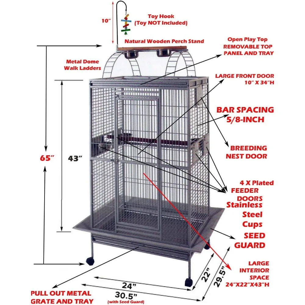 Large Double Ladders Open Play Top Wrought Iron Bird Parrot Parakeet Finch Macaw Cockatoo Cage, Include Seed Guard and Toy Hook