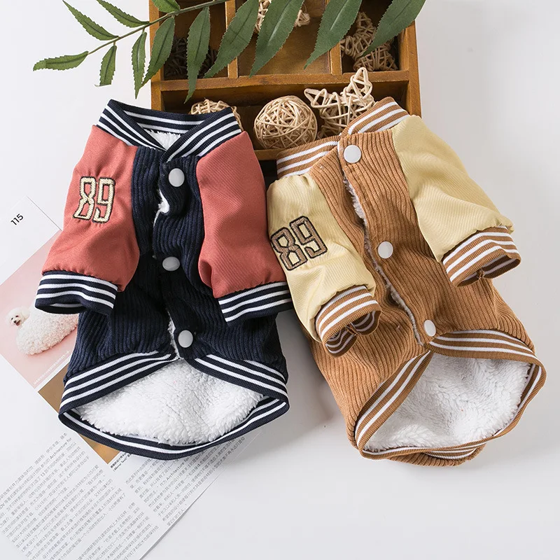 Retro Baseball Uniform Dog Clothes Ribbed Collar Corduroy Small Dogs Clothing Bear Embroidery Outfits Winter Cute Pet Products