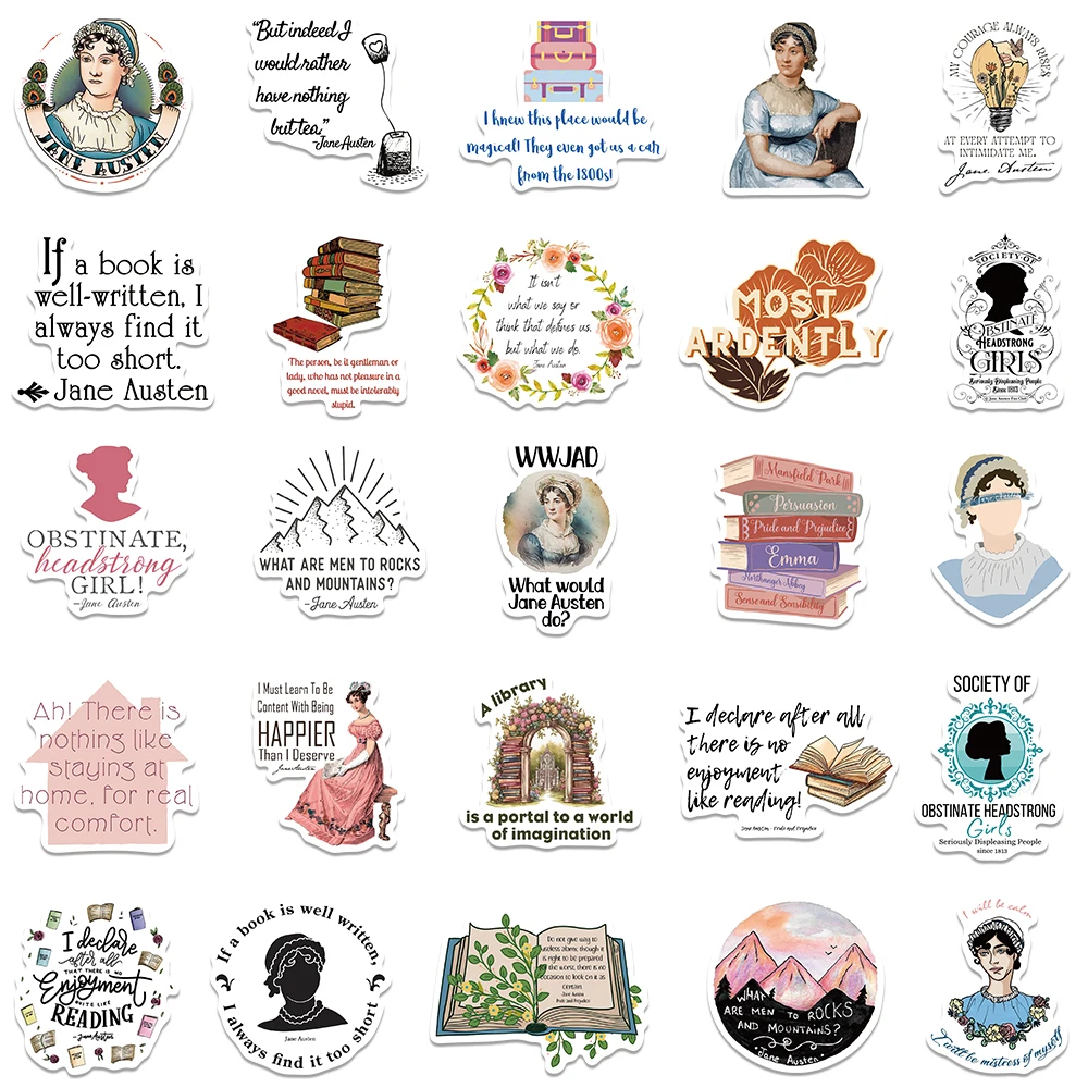 50PCS Famous Writer Jane Austen Vinyl Waterproof Stickers Decals for Water Bottle Laptop Skateboard Scrapbook Luggage Kids Toy