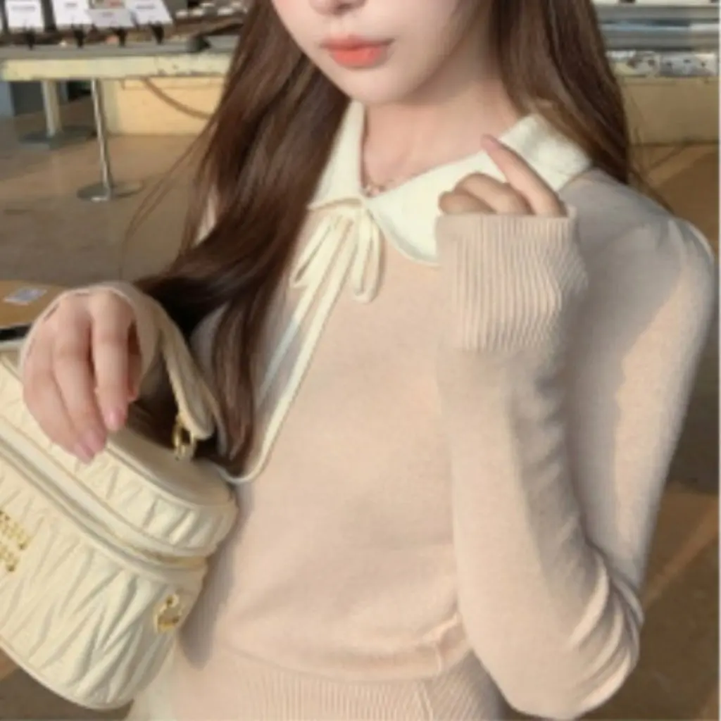 

Women's Bow Contrast Color Doll Collar Long-Sleeved Knitwear Casual Chic Age-Reducing Spring Fall Inner Top