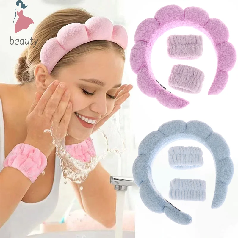 3pcs Spa Headband For Washing Face Wristband Set Sponge Makeup Headband Wrist Towels Bubble Hairband For Women Hair Accessories