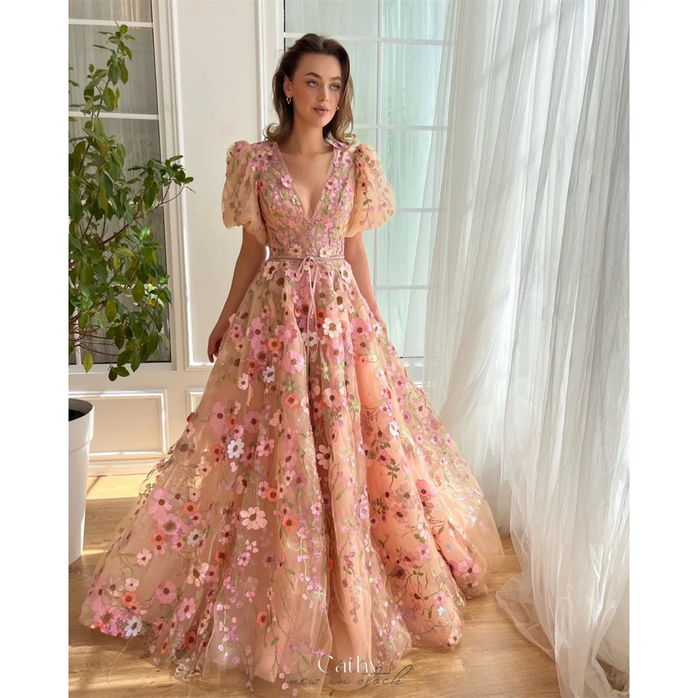 Cathy-vestidos de novia de tul con cuello en V, vestidos de noche bordados de flores en 3D, mangas cortas personalizadas, corte en A, noche Formal 2024