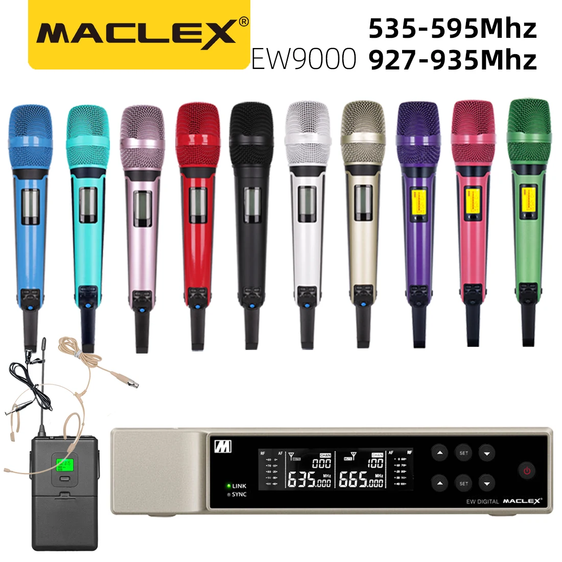 EW9000 535-595 Mhz 927-935 Mhz UHF Long Distance Dual Channel Handheld Professional Wireless Microphone System Stage Performance