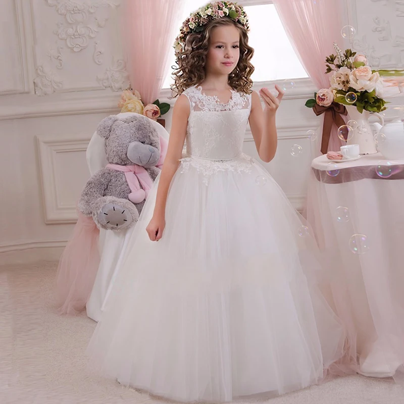 

Elegant Flower Bridesmaids Girls Dress Summer White Birthday Party Kids Evening Dresses For Girl Bow Wedding Prom Gown Vestidos