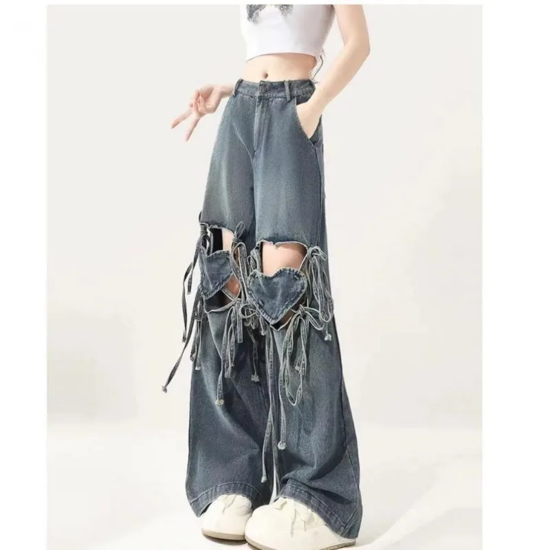 2026 New Women Y2K Heart Cutout Wide Leg Jeans Vintage Wash Distressed Lace Up Baggy Denim Pants Gothic Punk Streetwear Trousers