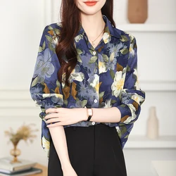 Women Spring Vintage Elegant Printing Polo-Neck Long Sleeve Shirts Women Clothes Simplicity Office Lady All-match Floral Tops