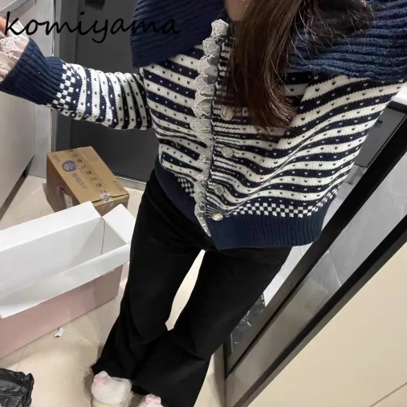 

Striped Knit Cardigan Sweet Lace Spliced 2025 Ropa Mujer Autumn Winter New Sweater Turn Down Collar Cardigans Clothes Woman