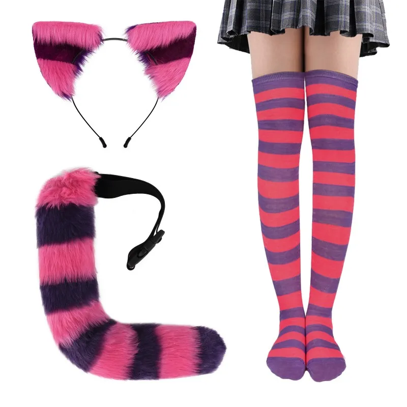 Anime Attract Costume Cosplay Sexy Striped Cat Ears Tail Stocks Tight Suits Halloween Masquerade Party Accessory Prop Women Gift