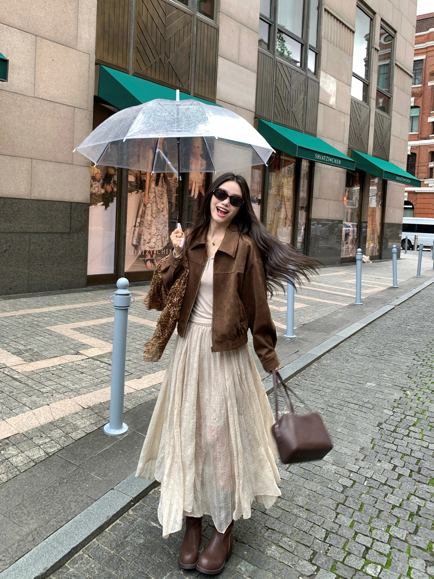 Pusuemde High Frequency Matching Irregular Texture Folded Women's Elastic Waist Long A-Line Umbrella Skirt Polyester Fiber