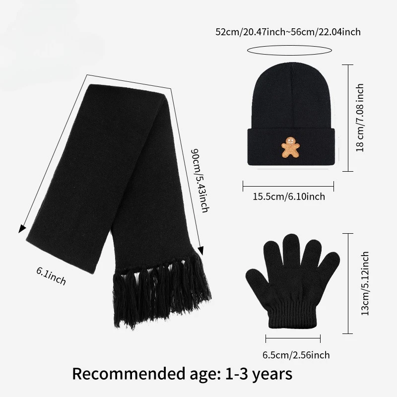 Soft Knitted 3Pcs Toddler Hat Scarf Gloves Set 1‑3Y, Lovely Gingerbread Man Embroidery Warm Winter Accessories for Xmas Gatherin