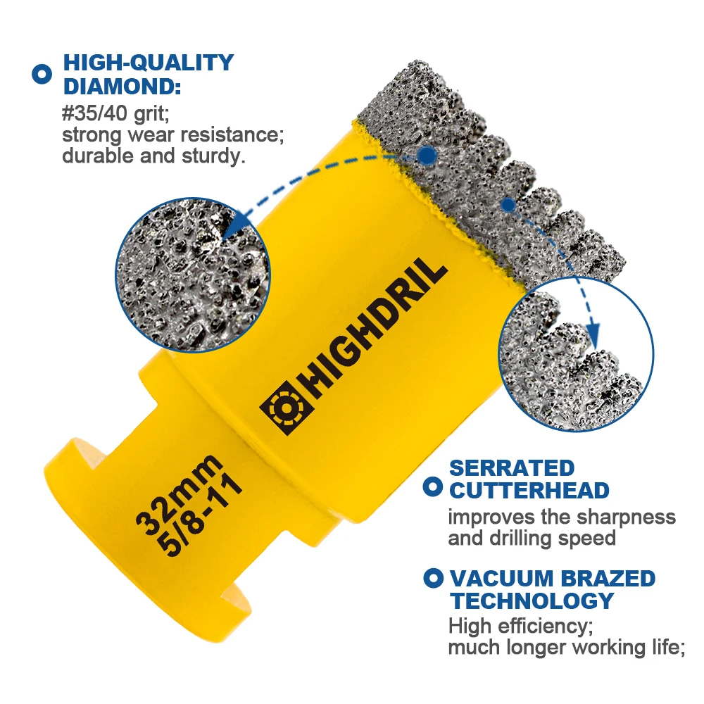 Imagem -03 - Highdril-broca de Diamante Serrilhada 5811 Dia 19 25 32 35 38 51 76 102 mm Cerâmica Granito Mármore Pedra Concreto 1pc