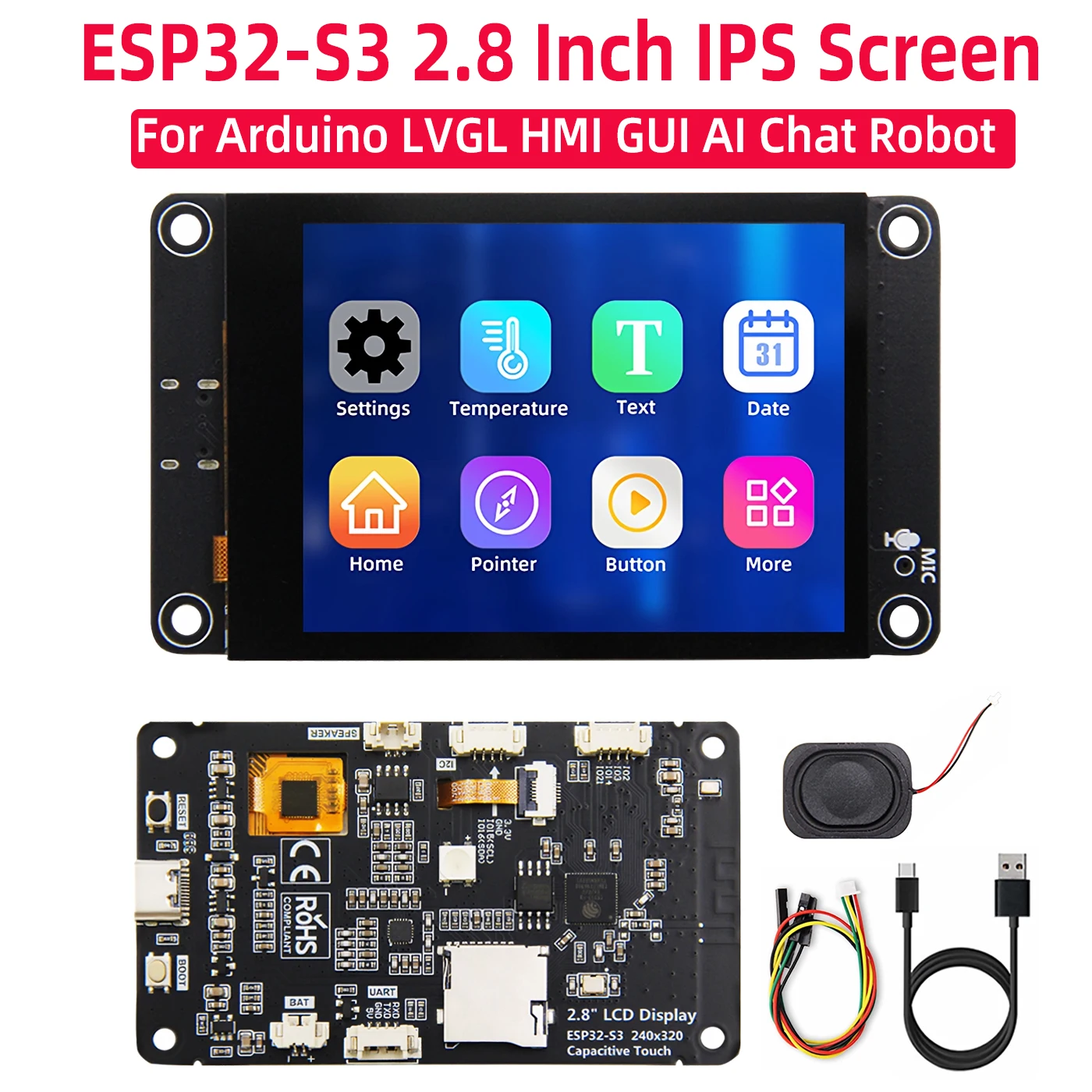 ESP32-S3 개발 보드 WiFi BT USB C 2.8인치 IPS 터치 스크린 스마트 디스플레이 (아두이노 LVGL HMI XIAOZHI Qwen DeepSeek AI용)