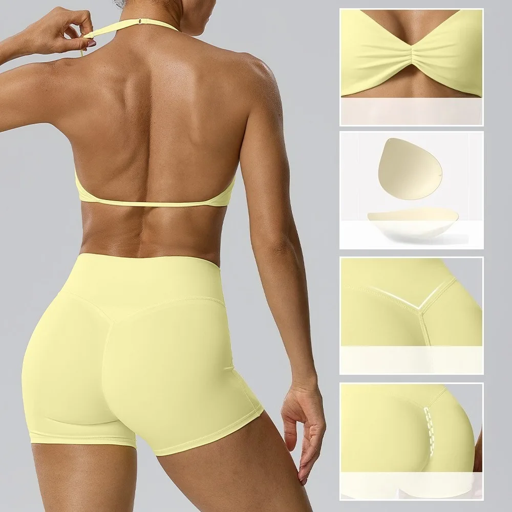 Women 2Pcs Yoga Outfit Thin Strap Halter Sports Bra Invisible Hip Lifting Shorts High Stretch Gym Workout Running Fitness Sports