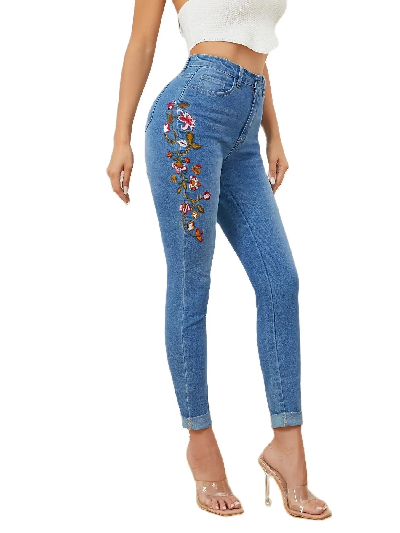 2023 Winter New High Waist Embroidered Jeans for Women Fashionable Stretch Slim Ankle-Length Denim Pencil Pants S-XL