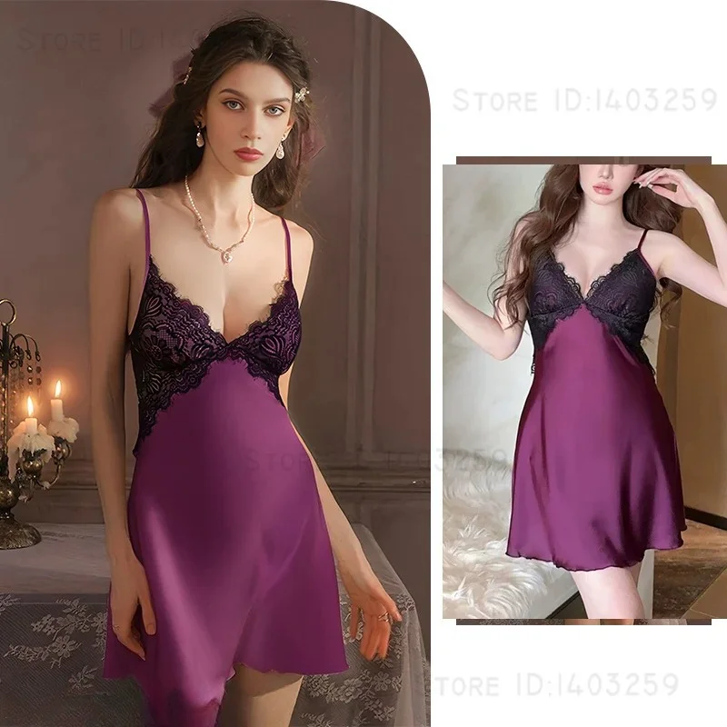 2pcs summer Sexy French Lace Sleepwear Set Adjustable Straps Built in Pads Silk Nightgown Slimming Backless Design Home Dress