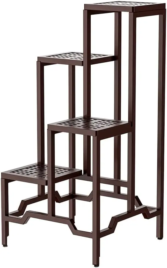 4-Tier Rustproof Waterproof Aluminum Plant Stand Metal Flower Display Rack Stable Plant Pot Holder Indoor Outdoor for Living Room Balcony Garden Office, Brown
