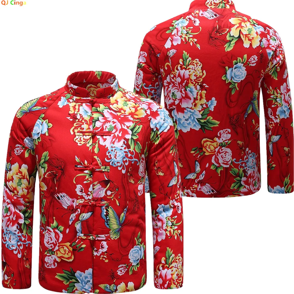 

Bright Red Men's Printed Parka, Chinese-style Single-breasted Stand-up Collar Cotton Coat, New Winter Warm Jacket.