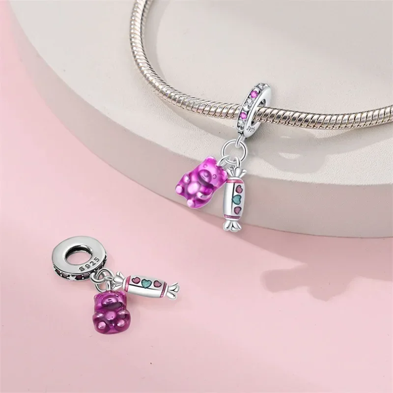 925 Sterling Silver Little Bear Soft Candy Coffee Strawberry Cake Afternoon Tea Charms Beads Fit Pandora Bracelets DIY Jewelry