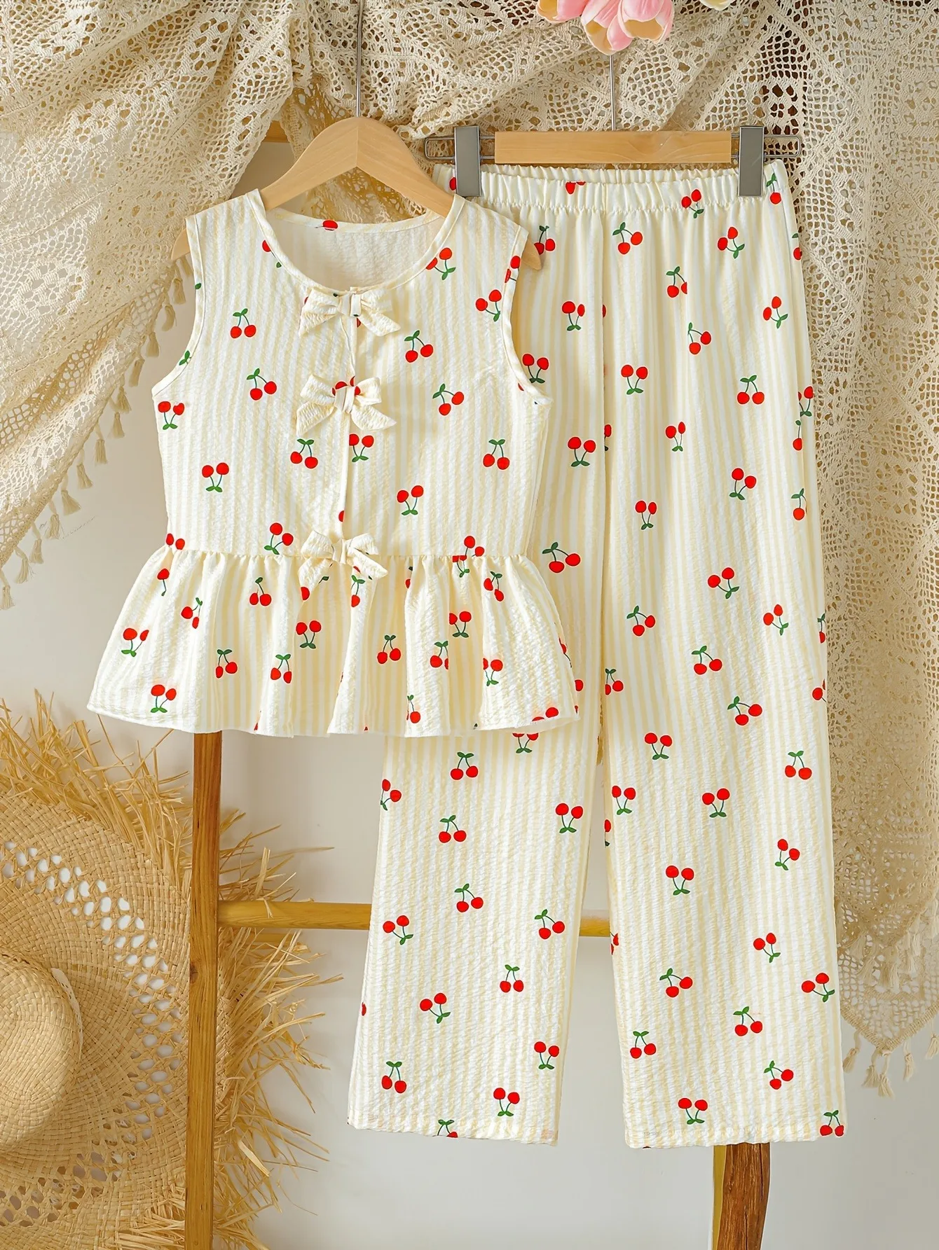 Holiday Girls 2‑Pcs Summer Set Cherry Striped Textured Sleeveless Peplum Top Elastic Waist Pants for Beach Trip Daily Casual Out