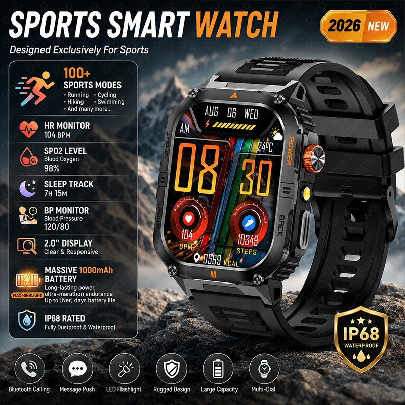 

New Sports Smart Watch IP68 Waterproof Health Monitoring 100+ Sports Mode Bluetooth Call LED Flashlight Men Women Smart Watch