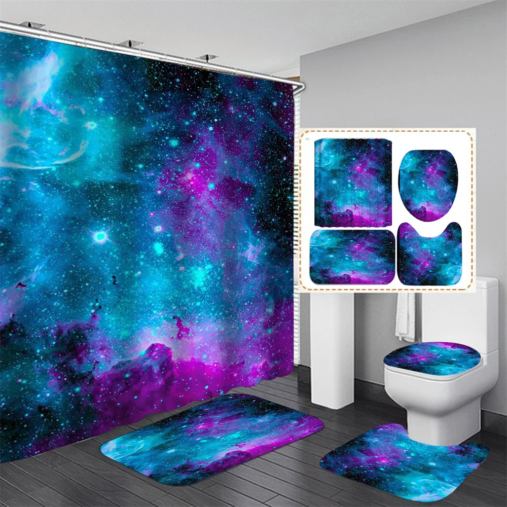 

Outer Space Galaxy Star Cloud Shower Curtain set Star Landscape non-slip Mat U-shaped Mat bathroom Waterproof Fabric Decoration