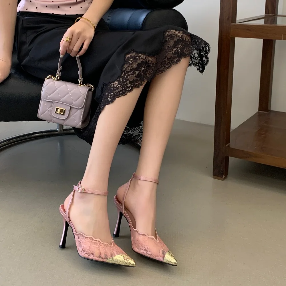 Aneikeh Elegant White Lace Slingback Stiletto Heels Pointed Toe Ankle Strap Buckle Sandals Wedding Party Ladies Dress Pumps