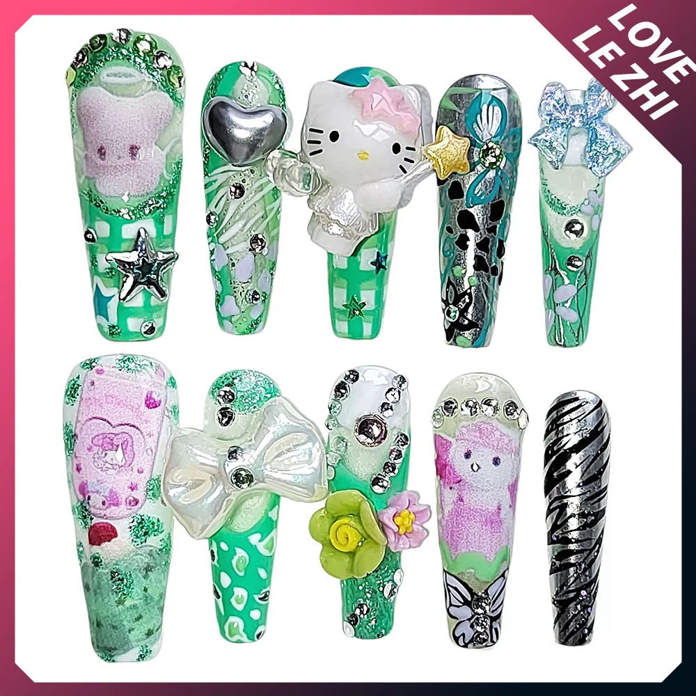 

Sanrioed Hello Kittys Summer Grass Cake Color Handmade Press On Nails Cute Flowers Long Ballet Full Cover Fake Nails