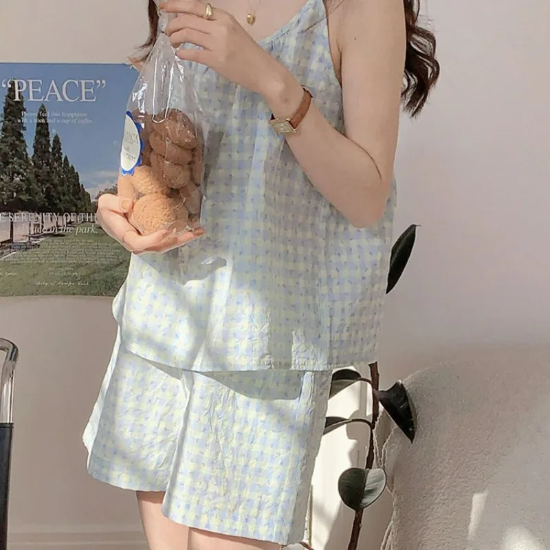 Sleepwear Women Pajama Sets Korean Plaid Pijama Shorts Sets 2 Pieces Sleeveless Night Wears Solid O-neck Ruffles Home Suit 2024