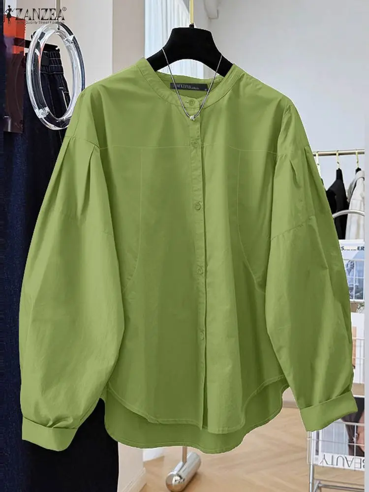 ZANZEA Frauen 2025, Herbst Shirts, Elegante O Hals Langarm Bluse Weibliche OL Arbeit Blusas Tasten Up Tops Casual Solide Lose Hemd