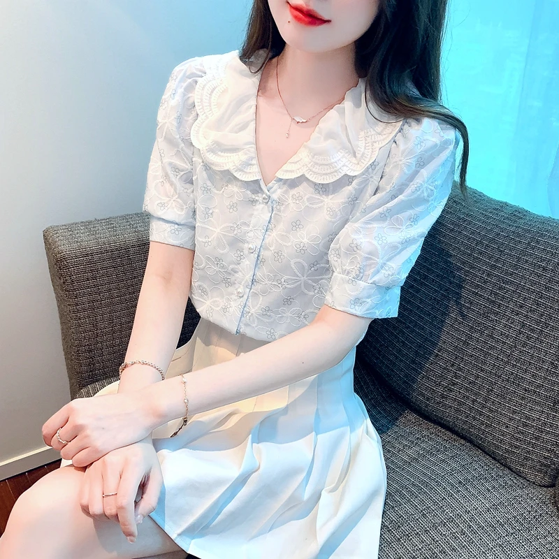 

Summer Korean Fashion Sweet Blouse Embroidery Floral Lace Peter Pan Collar Blusa Puff Short Sleeve Chiffon Shirt Top for Women