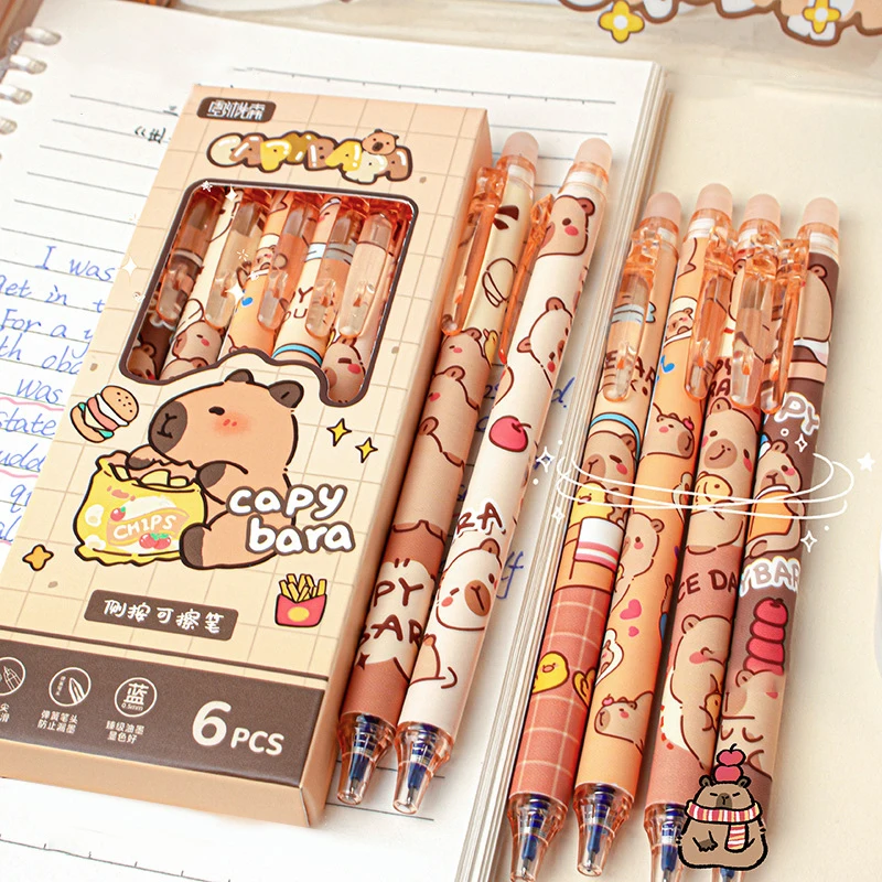 

6Pcs Capybara Erasable Pen Blue Ink Writing Smooth Quick-Drying Pens School Office Accessories Students Stationery Gift