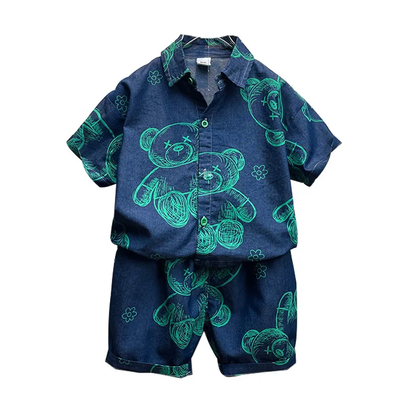 Summer Boys Clothing Set Cotton Kids Cartoon Print Denim Shirt+Denim Shorts 2pcs Outfits For 2-11Years Fashion Children Suits