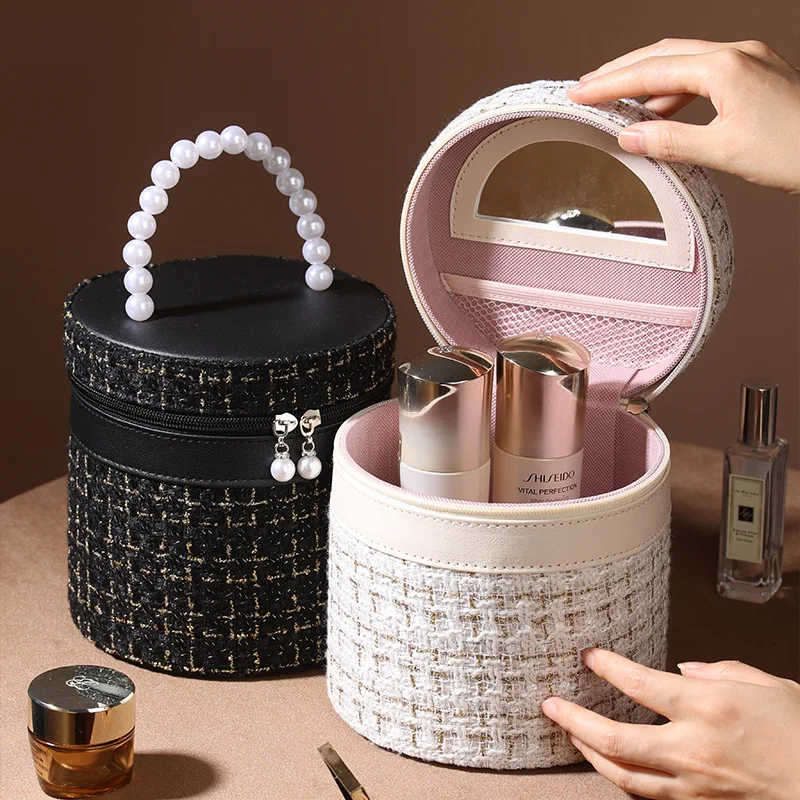 New Round Bucket Makeup Bag Women Polyester Liner High-capacity Cosmetic Bags For Women Leisure Portable Storage Makeup Handbag