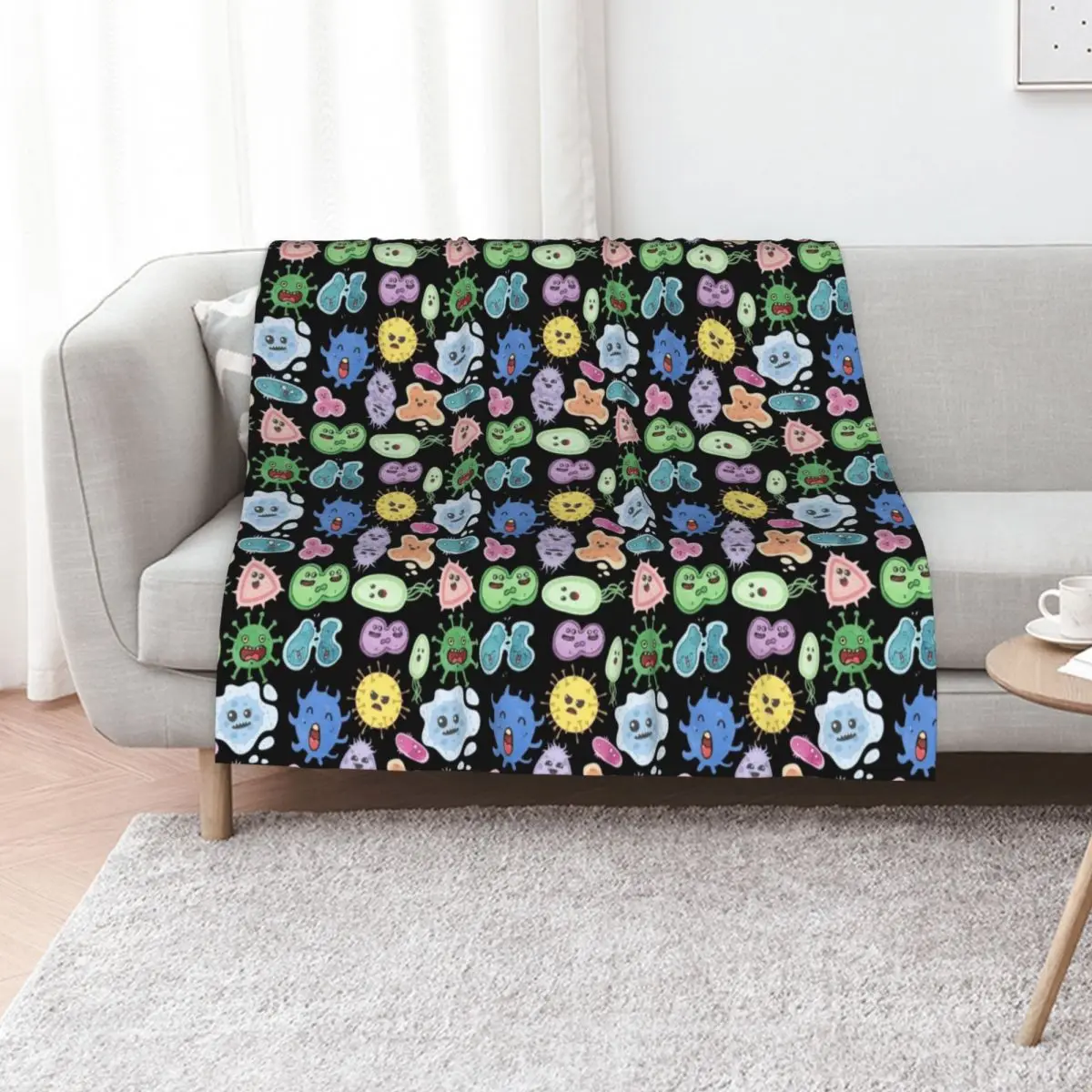 Cute Microbes Bacteria, Virus, Ecoli MicroBiology Seamless Pattern Sticker Pack. Throw Blanket Thin Blankets
