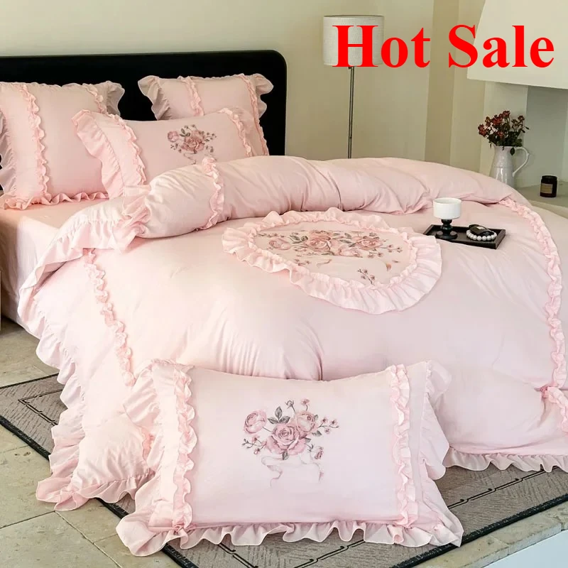 

4Pcs Embroidery Bedding Set Double King Queen Size Pink Girls Bedroom Duvet Cover Flat/Fitted Bed Sheet Pillowcases