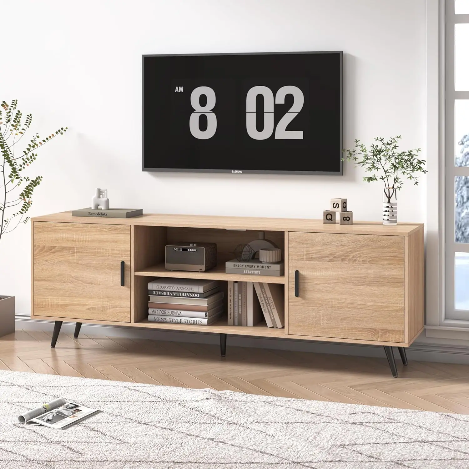 70 Inch Mid Century Modern TV Stand for 75 Inch TV, Wood TV Stand with Storage, Entertainment Center for Living Room Bed