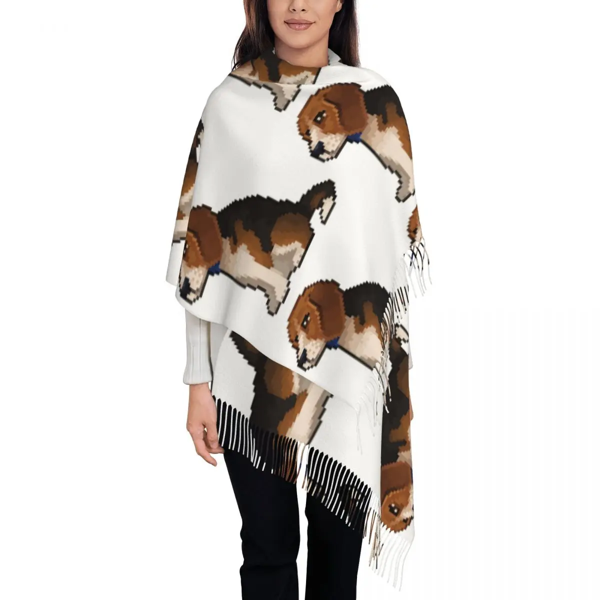 Beagle Dog Pixel Art Scarf Tassel Scarves Women Soft Warm Shawls and Wraps Large Fall Winter Shawl Wrap